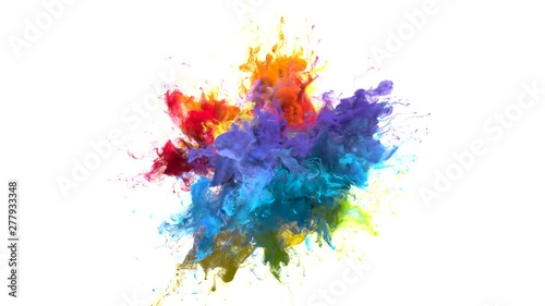 Color Burst iridescent multicolored colorful rainbow smoke powder explosion fluid ink particles slow motion alpha matte isolated on white