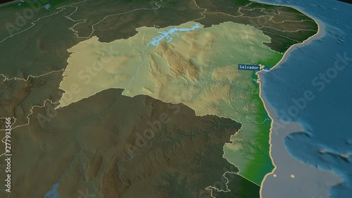 Bahia - state of Brazil with its capital zoomed on the physical map of the globe. Animation 3D