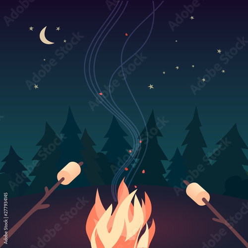 Marshmallow roasting hand drawn flat color vector
