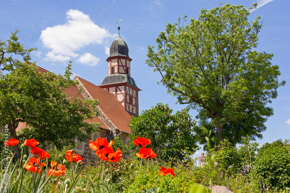 View of the small half-timbered church in Raben.