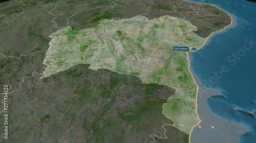 Bahia - state of Brazil with its capital zoomed on the satellite map of the globe. Animation 3D