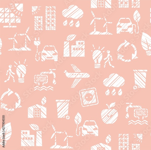 Eco-friendly technology, seamless pattern, pencil hatching, monochrome, pink, vector. Clean energy, fuel and food production. Future technology. Imitation of pencil hatching. Seamless pink background.