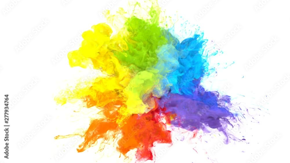 Color Burst iridescent multicolored colorful rainbow smoke powder explosion fluid ink particles slow motion alpha matte isolated on white