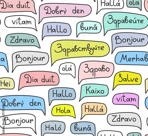 Hello, European languages, seamless pattern, contour drawing, color, white, vector. The word 