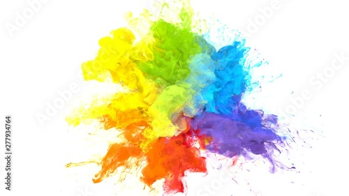 Color Burst iridescent multicolored colorful rainbow smoke powder explosion fluid ink particles slow motion alpha matte isolated on white photo