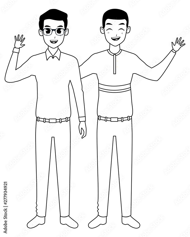 Family father with adult son cartoon in black and white Family father with adult son cartoon in black and white