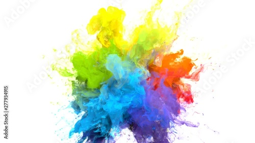 Color Burst iridescent multicolored colorful rainbow smoke powder explosion fluid ink particles slow motion alpha matte isolated on white
