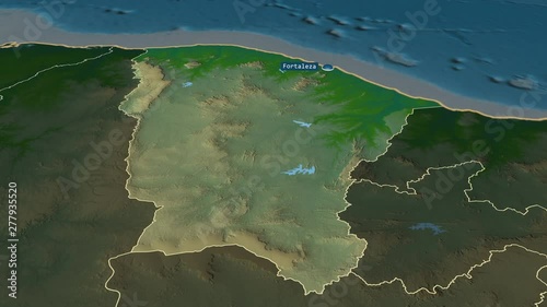 Ceara - state of Brazil with its capital zoomed on the physical map of the globe. Animation 3D