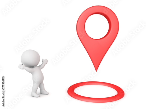 3D Character looking exicted at large red location pin photo