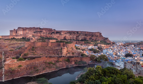 Panorama of the old city of Jodhpur with Mehrangarh Fort in the background, Rajasthan India