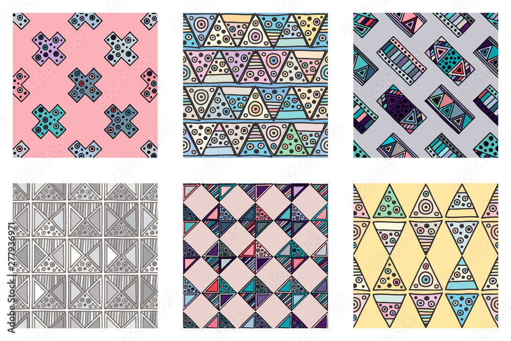 Fototapeta premium Seamless vector pattern. geometrical background with hand drawn decorative tribal doodle elements. Print with ethnic, folk, geometrical motifs. Graphic geometric illustration, squres, dots, rectangles