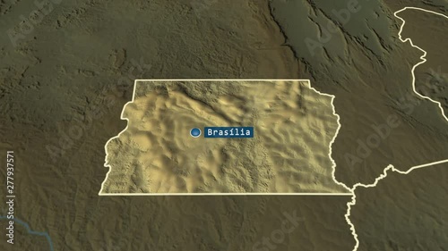 Distrito Federal - federal district of Brazil with its capital zoomed on the physical map of the globe. Animation 3D