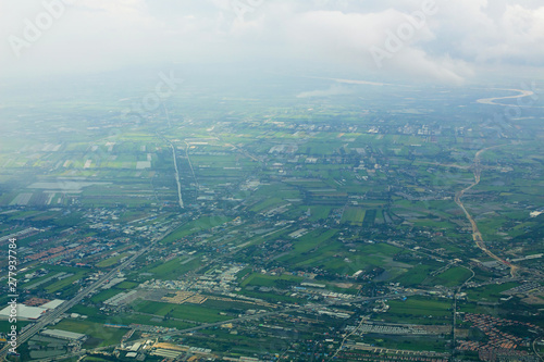 High angle top view on plane,Chao Phraya River Thailand's major rivers Bangkok Thailand capital, At evening at 4 o'clock,Tropical zone asia.