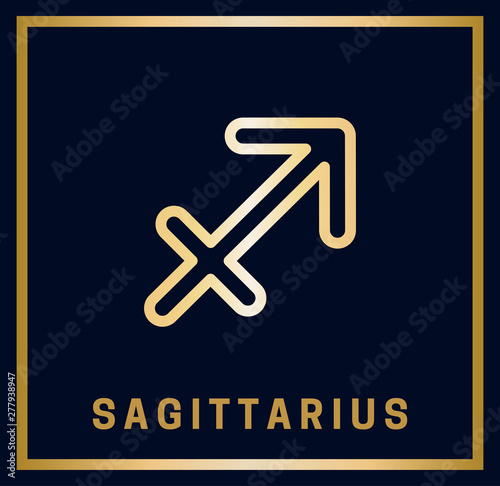 Sign of the zodiac. Sagittarius. Horoscope. Isolated golden symbol on a blue background with a golden inscription. Vector illustration