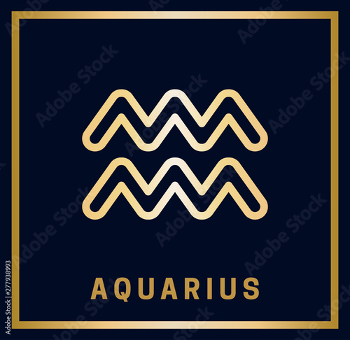 Zodiac sign. Aquarius. Horoscope. Isolated golden symbol on a blue background with a golden inscription. Vector illustration