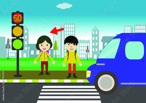 red, yellow and green light. traffic education. traffic rules for children. Traffic signs. children using pedestrian crossing. 
