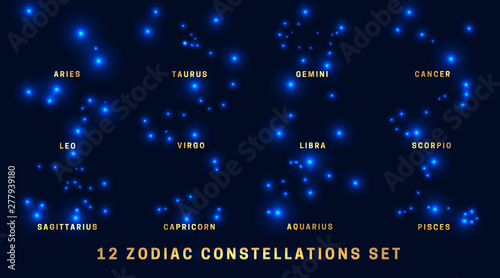 Set of 12 signs zodiac constellations. Bright glowing stars on blue night background. Gold lettering text. Star map. Vector.