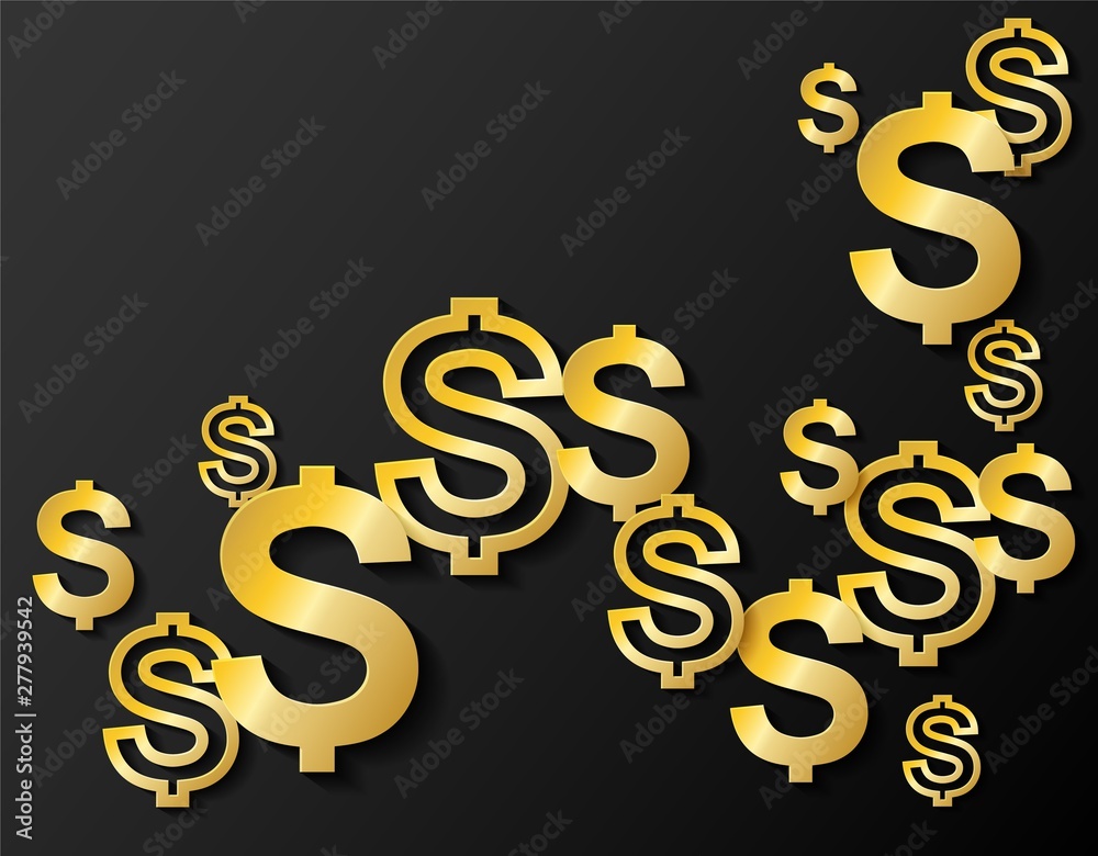 Golden Dollars on black background. light and shadow, copy space .Vector. Golden Dollars on black background. light and shadow, copy space .Vector.