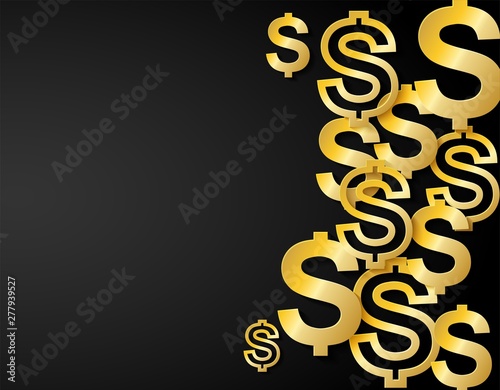 Golden Dollars on black background. light and shadow, copy space .Vector.
