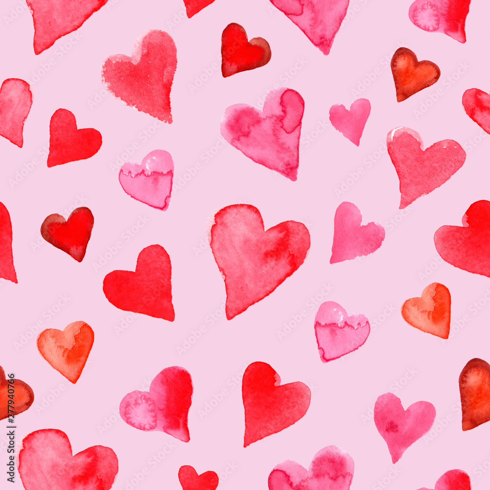 Seamless pattern with watercolor hearts on pink background. Hand drawn illustration. Paper and fabric design