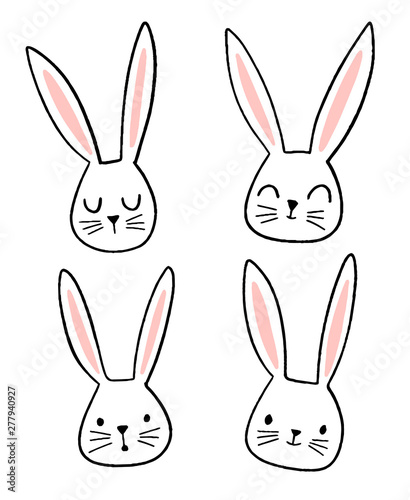 Hand drawn cute bunny faces with different emotions and expressions. Doodle rabbit illustration.