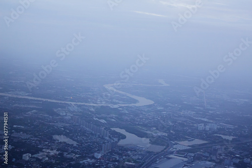 High angle top view on plane,Chao Phraya River Thailand's major rivers Bangkok Thailand capital, At evening at 4 o'clock,Tropical zone asia.