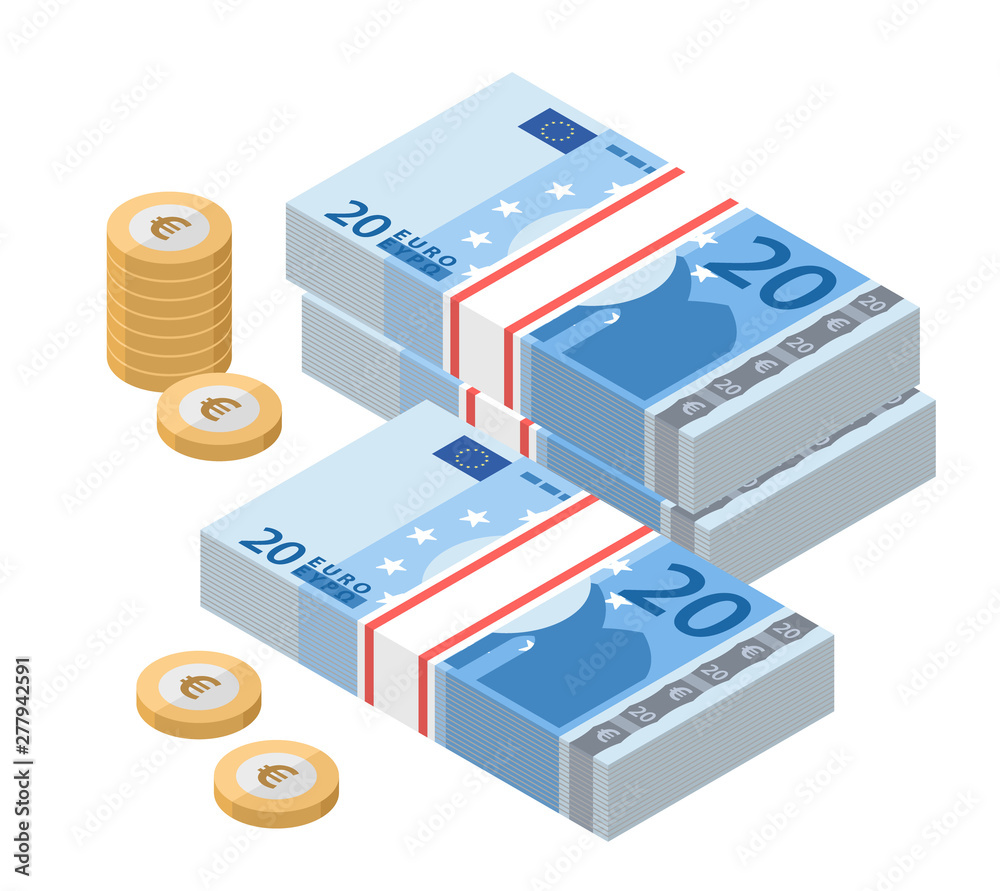 Isometric stacks of 20 euro banknotes. Paper money and coins. Twenty bills. European currency notes. Vector illustration.