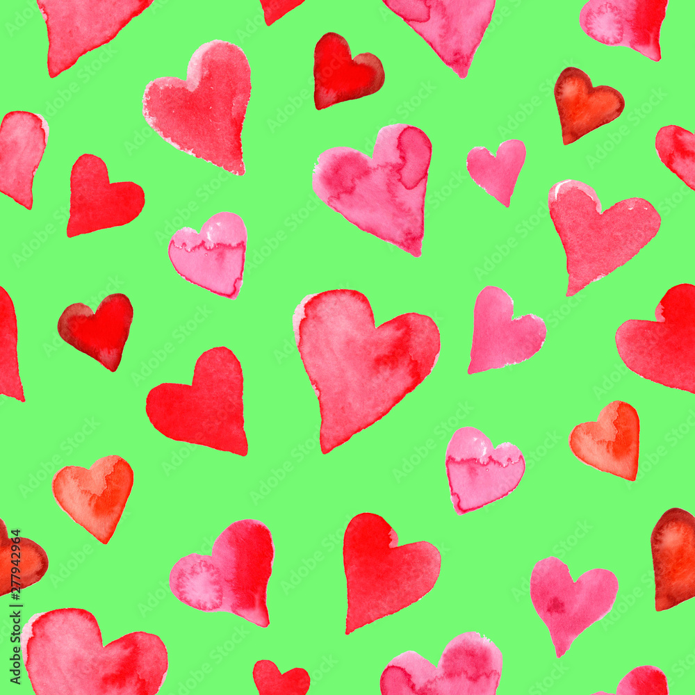 Seamless pattern with watercolor hearts on a green background. Hand drawn illustration. Paper and fabric design