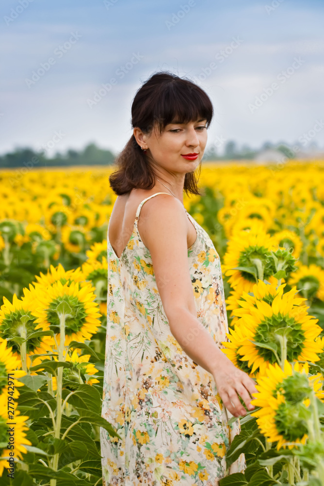 Brunette woman in sundress in sunflower field Brunette woman in sundress in sunflower field