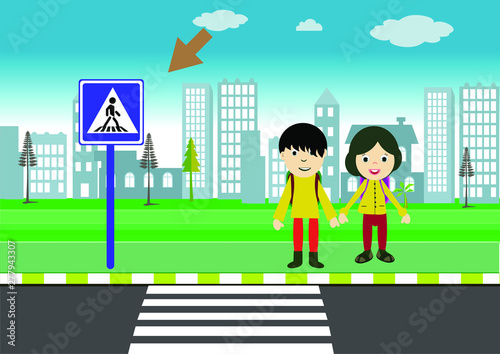 traffic training. walkway path for pedestrians. two students waiting at pedestrian crossing. traffic rules for children.