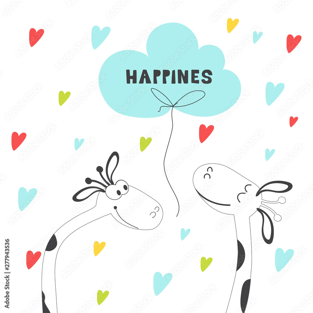 Fototapeta premium Nice giraffe card. Hand-drawn comics with African animals. Vector cartoon character. Printing on t-shirts