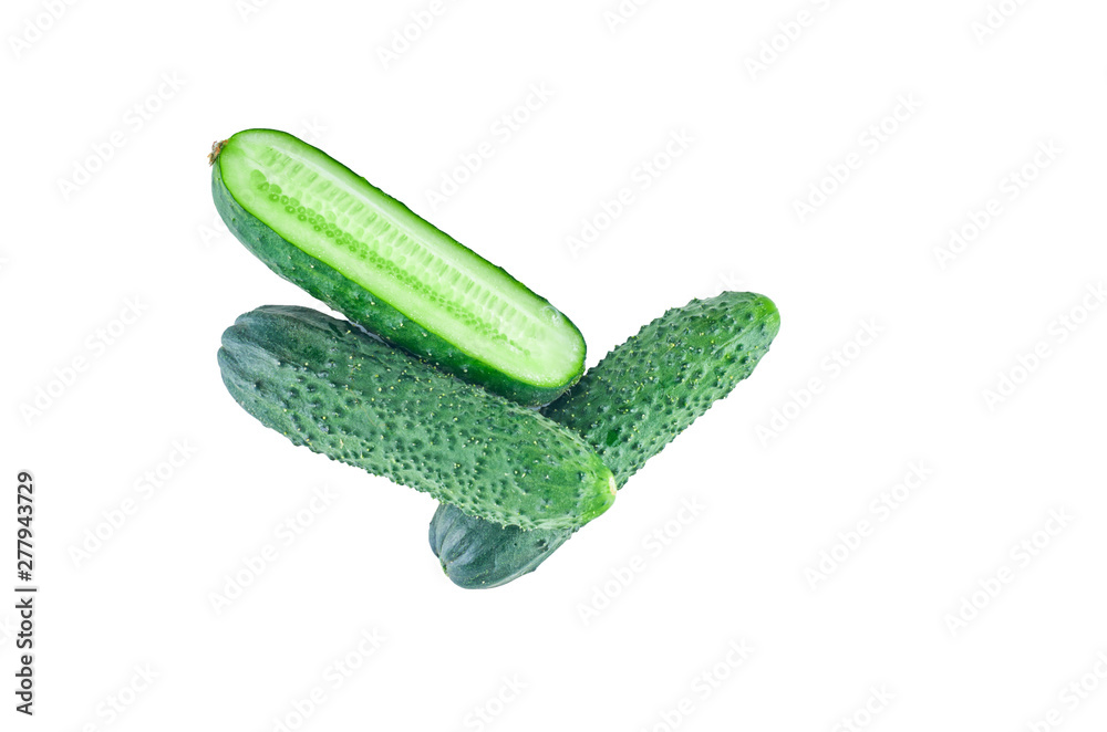 Fresh sliced cucumbers isolated on white background. The view from the top. Background of organic food. Fresh sliced cucumbers isolated on white background. The view from the top. Background of organic food.