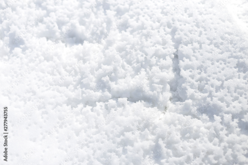 Fototapeta premium Snow in the park bright sunny happy winter day. There are traces of rain on the snow. Background.