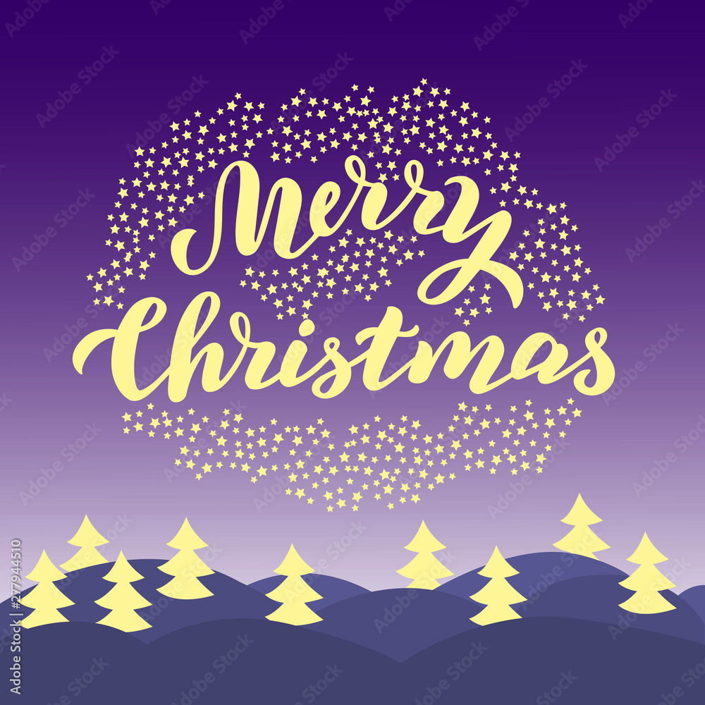 Merry Christmas typography card. Magical night scene.Trendy lettering greeting text. Xmas postcard, gift, package design. Vector eps 10.