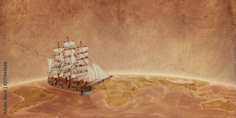 Ship on globe concept with old map paper in the background. Travel