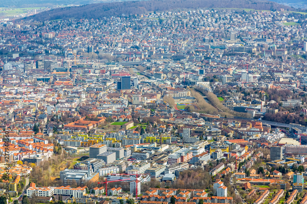 Panorama view of city of Zurich from the Uetliberg mountain