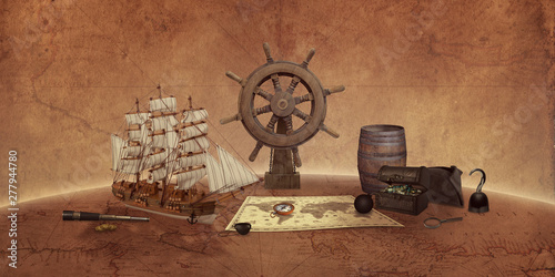 Fototapeta Koncepcja rzeczy piratów na starej mapie świata. Statek, mapa, kompas, skrzynia skarbów, ster, teleskop.