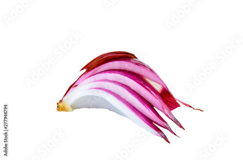 Fresh cut red onion on white background, top view. Organic food background.