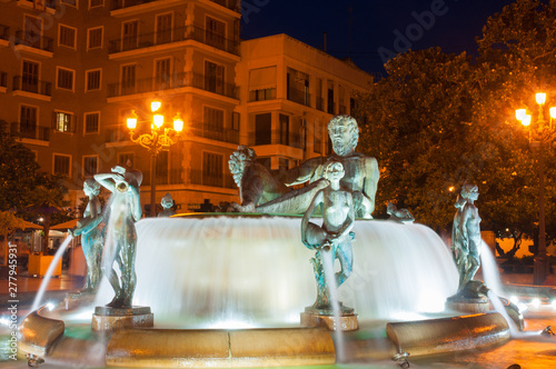 Fountain Rio Turia on Square of Saint Mary's at night, Valencia, Spain