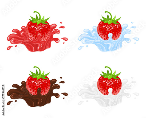 Set of red fresh realistic strawberry with juice, water, chocolate and milk splashes isolated on white background. Sweet food. Organic fruit. Vector illustration for any design.