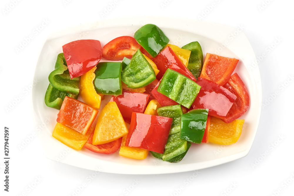 Grilled bell pepper mix, fried vegetables bbq, top view, isolated on white background