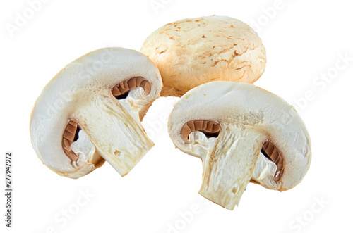 Fresh sliced champignons isolated on white background. Background of organic food.