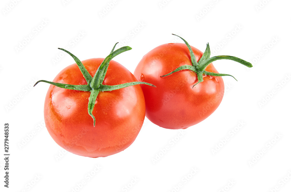 Two resh tomatoes isolated on white background. Background of organic food. Two resh tomatoes isolated on white background. Background of organic food.