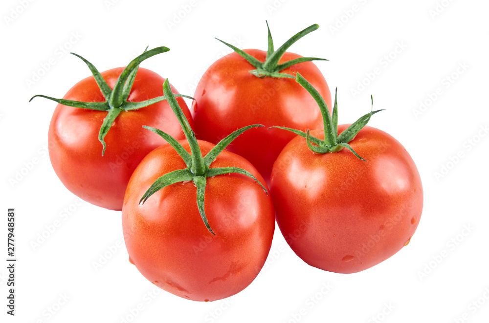 Four fresh tomatoes isolated on white background. Background of organic food.