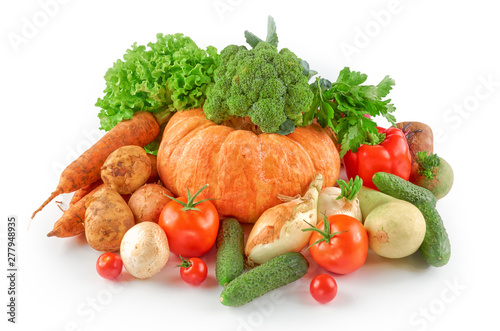 Food photography different vegetables isolated white background. Organic food background.