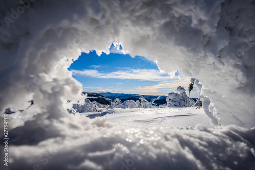 Fototapeta Naklejka Na Ścianę i Meble -  Beautiful winter mountain landscape of Giant mountains, Czech republic. Krkonose mountains in a winter day. Bright blue sky, sun star shining and snow lines and powder snow. Frozen trees.