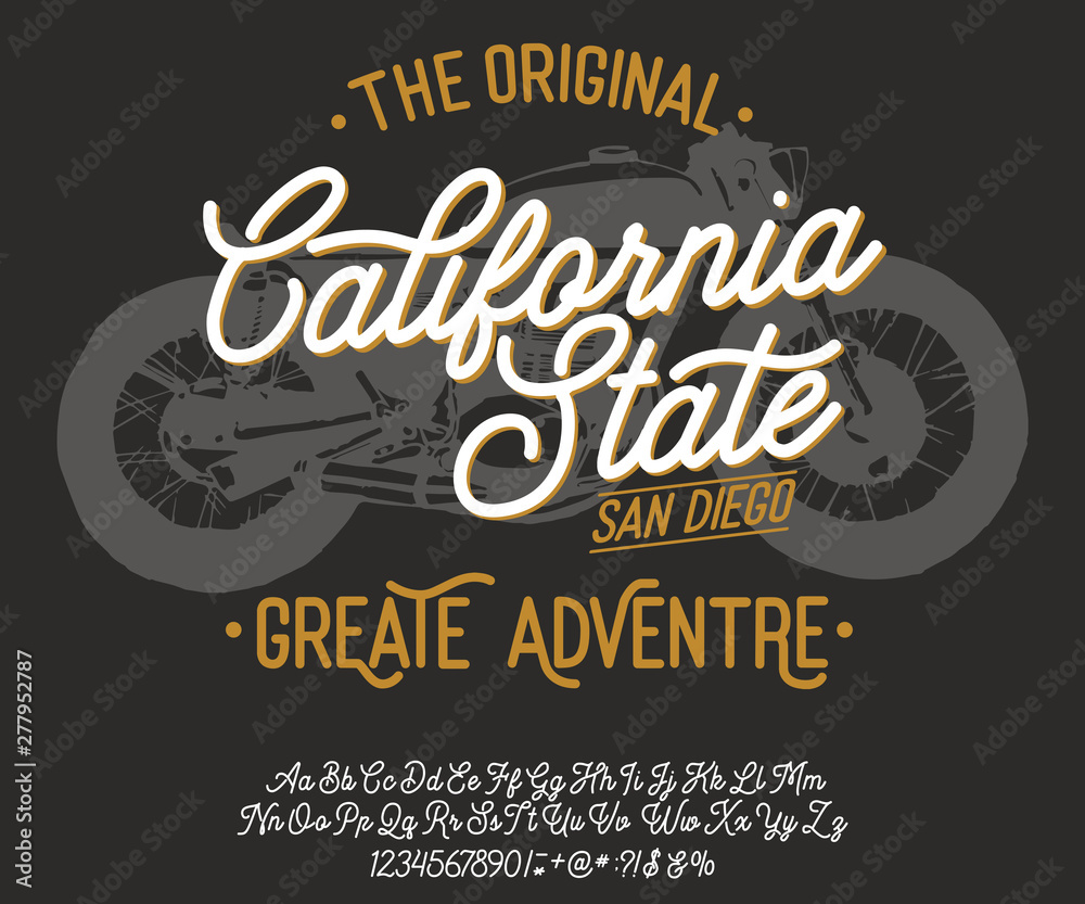 California. Vintage script font. Handmade font. Retro Typeface. Vector font illustration.
