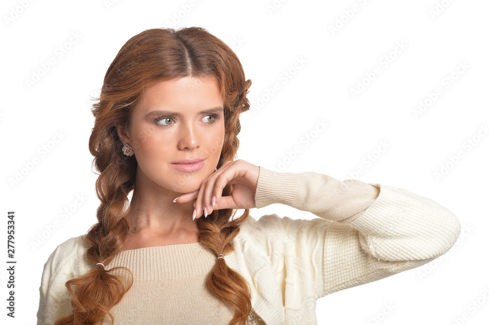 portrait of beautiful woman with braids isolated on white background portrait of beautiful woman with braids isolated on white background