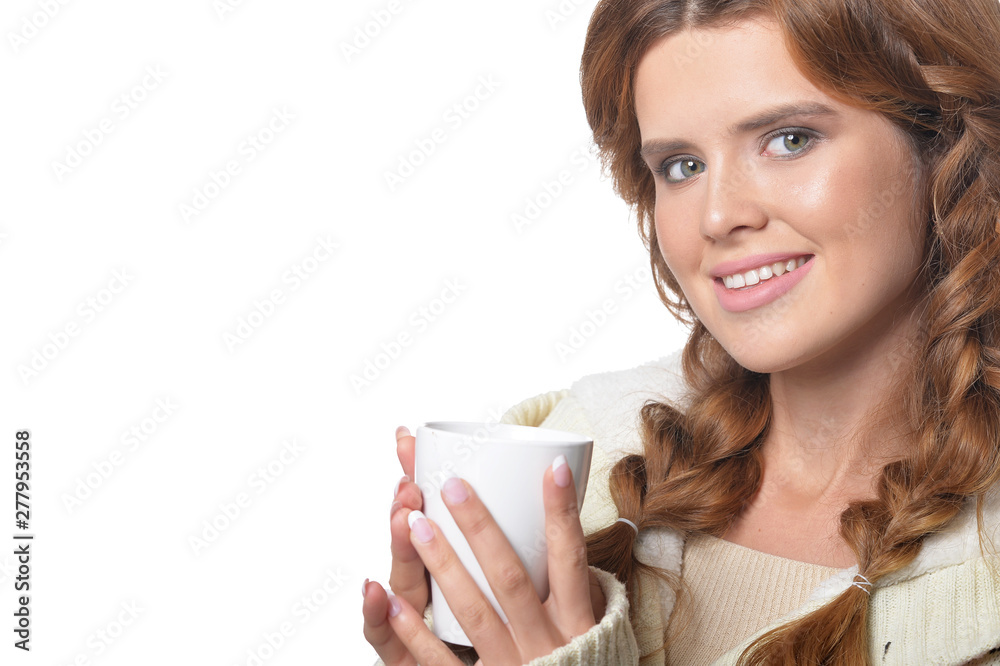 portrait of beautiful woman holding white cup portrait of beautiful woman holding white cup