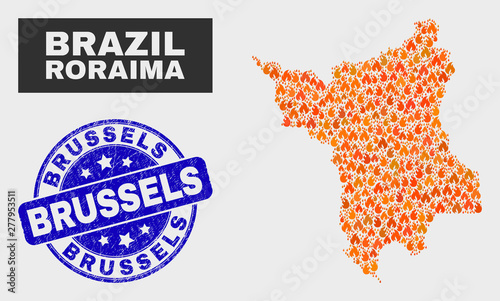 Vector collage of flame Roraima State map and blue round scratched Brussels seal. Orange Roraima State map mosaic of fire elements. Vector collage for emergency services, and Brussels seal.